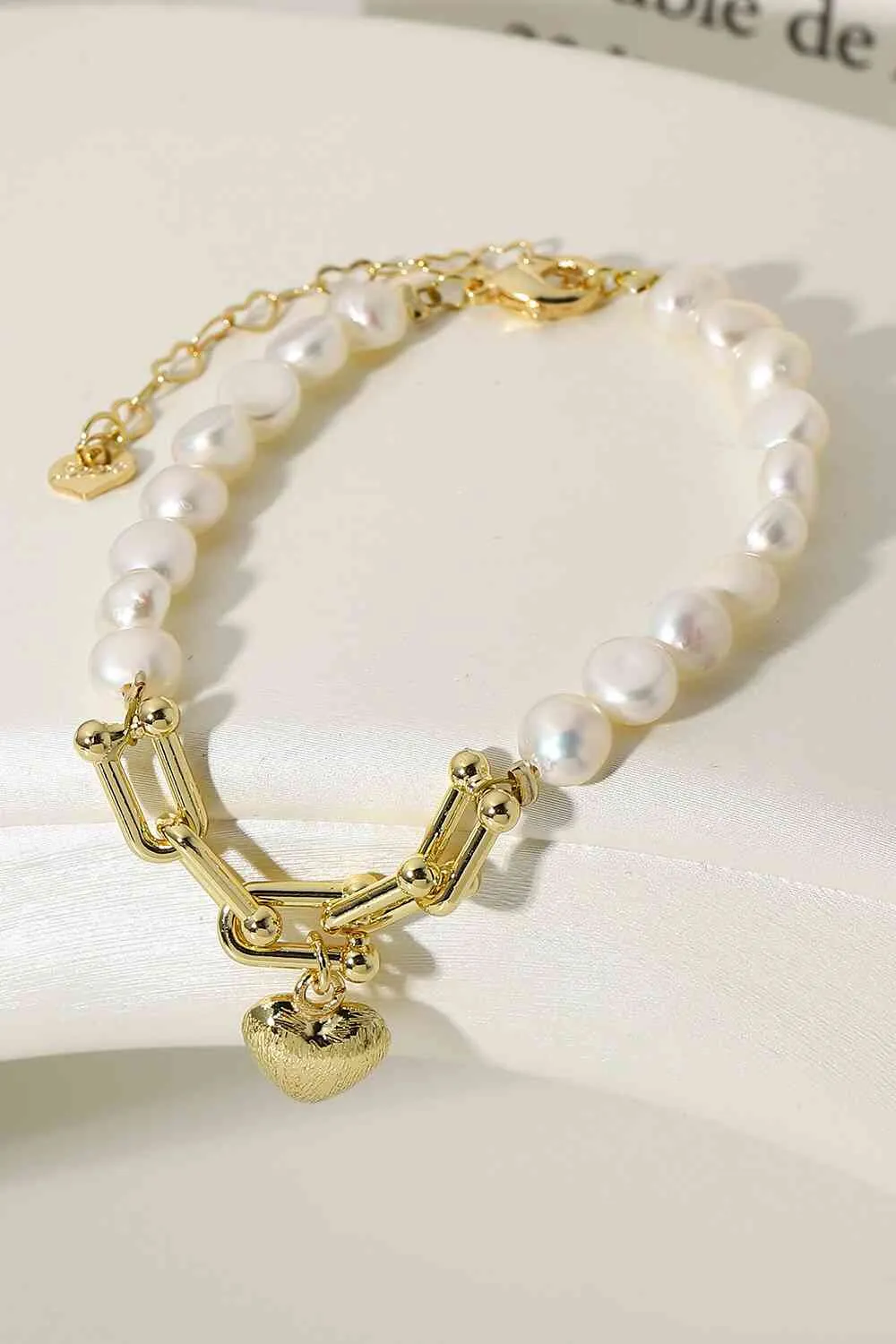 14K Gold Plated Heart Charm Pearl Bracelet