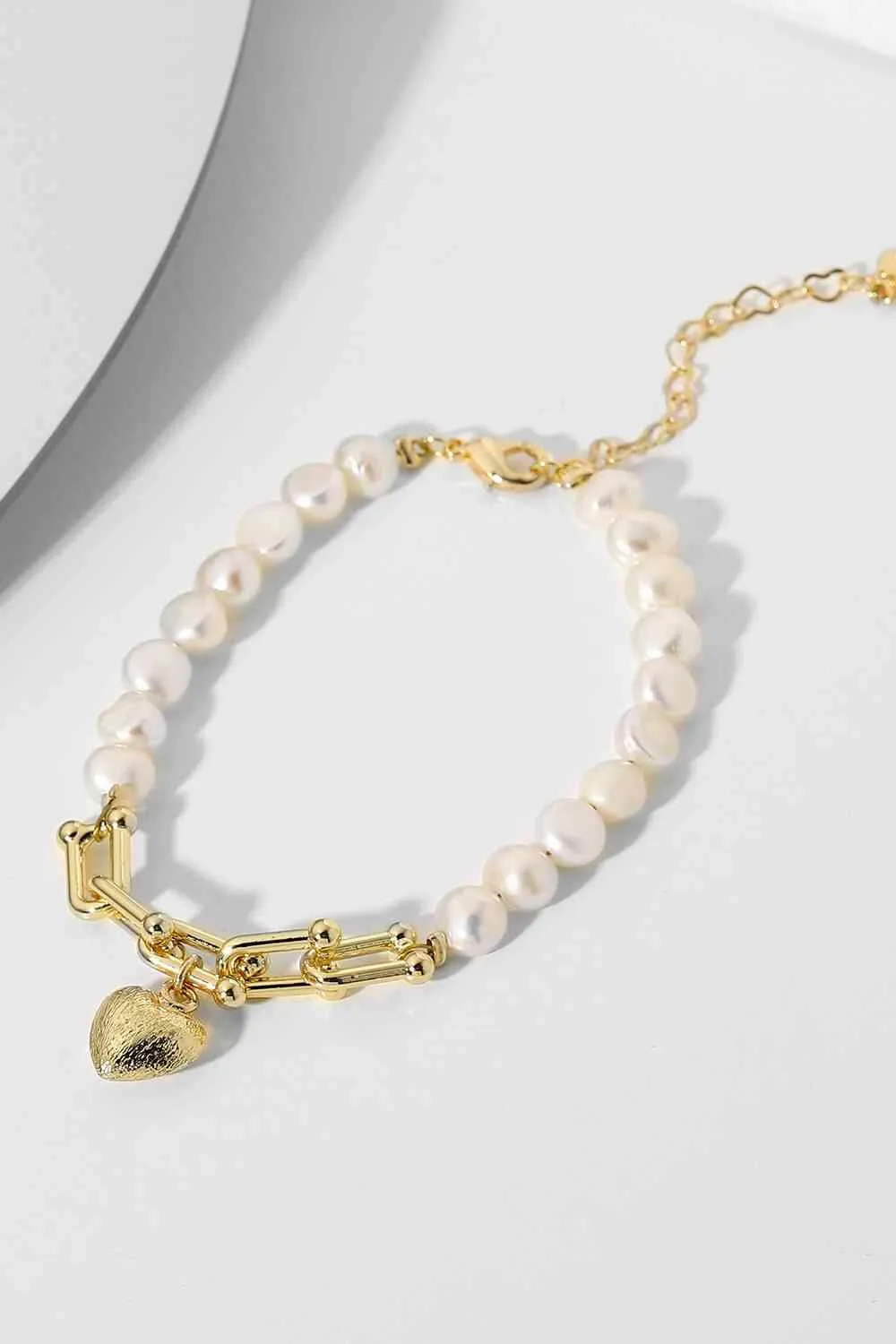 14K Gold Plated Heart Charm Pearl Bracelet