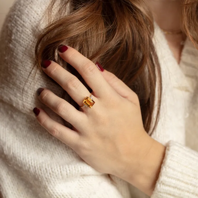 14k Solid Gold Citrine and Diamond Deco Ring