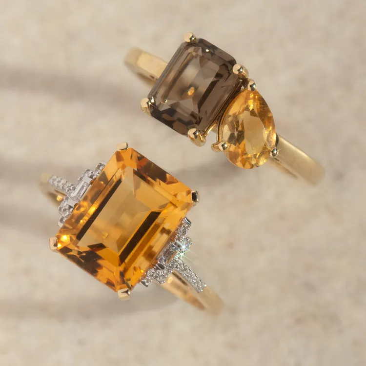 14k Solid Gold Citrine and Diamond Deco Ring