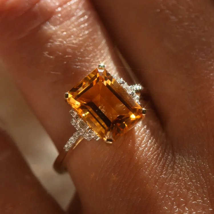 14k Solid Gold Citrine and Diamond Deco Ring