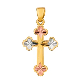 14k Tricolor Gold Shiny Diamond Cut Clover Tips Cross Pendant