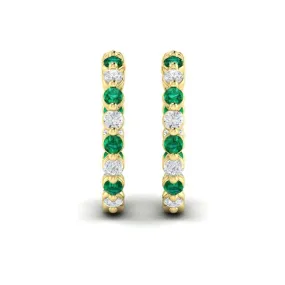 14K YELLOW GOLD ALTERNATING DIAMOND AND EMERALD INSIDE-OUTSIDE HOOP EARRINGS