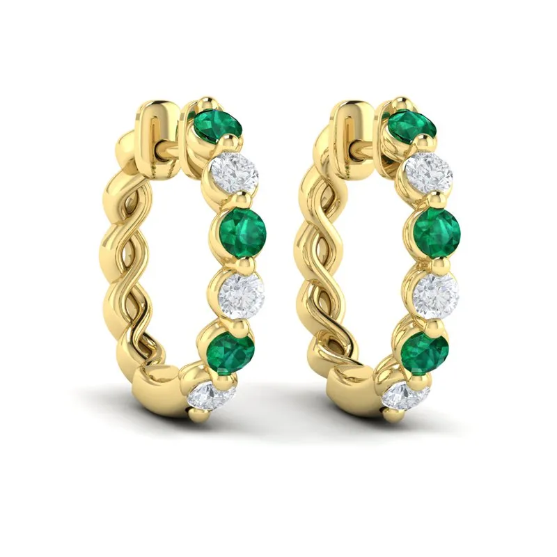 14K YELLOW GOLD ALTERNATING DIAMOND AND EMERALD INSIDE-OUTSIDE HOOP EARRINGS