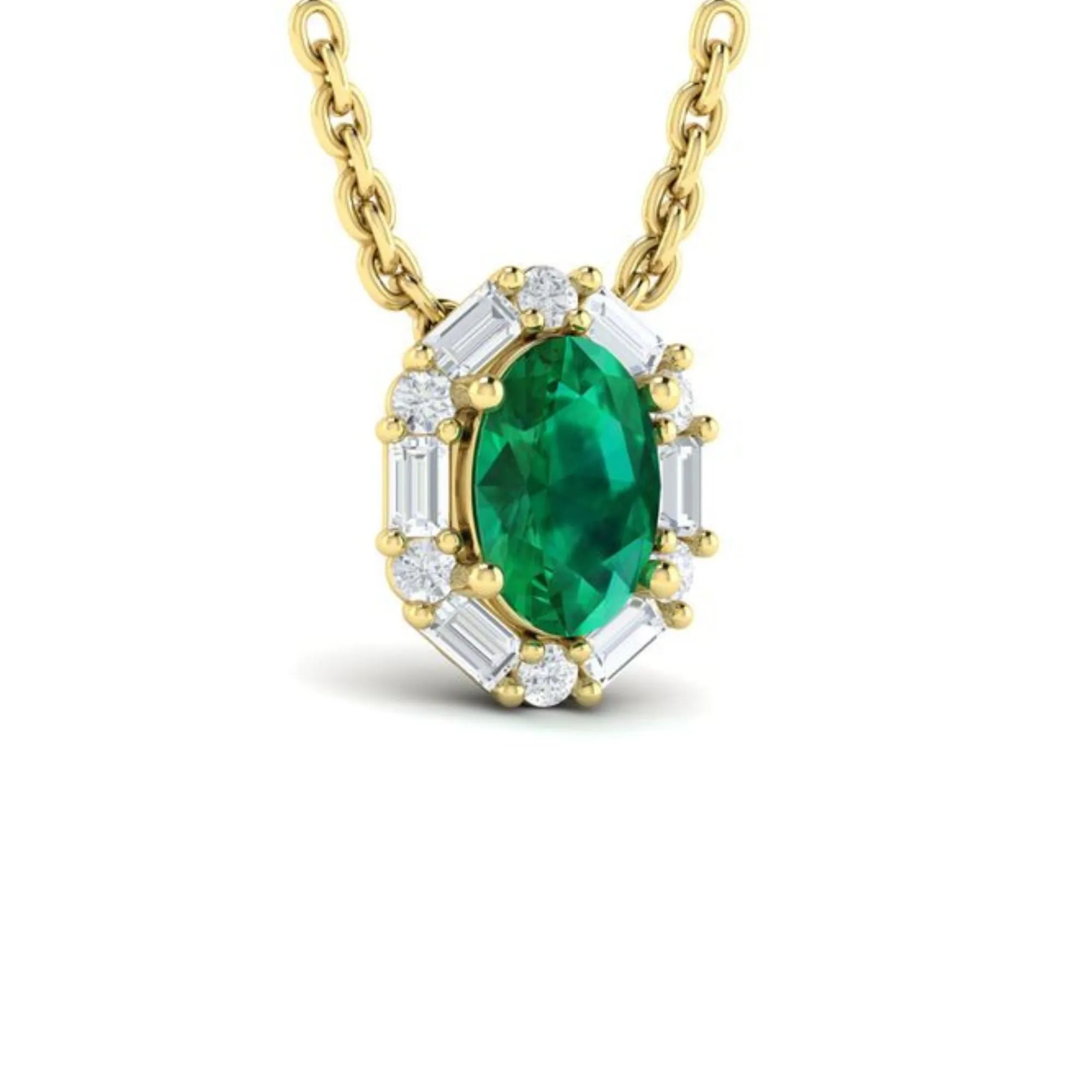 14K YELLOW GOLD OVAL EMERALD AND DIAMOND HALO WITH BAGUETTES NECKLACE