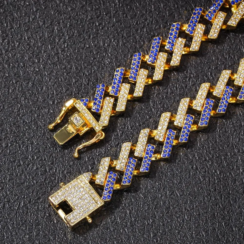 15mm Gold Blue Rhinestone Cuban Link Bracelet