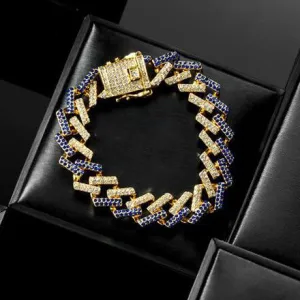 15mm Gold Blue Rhinestone Cuban Link Bracelet