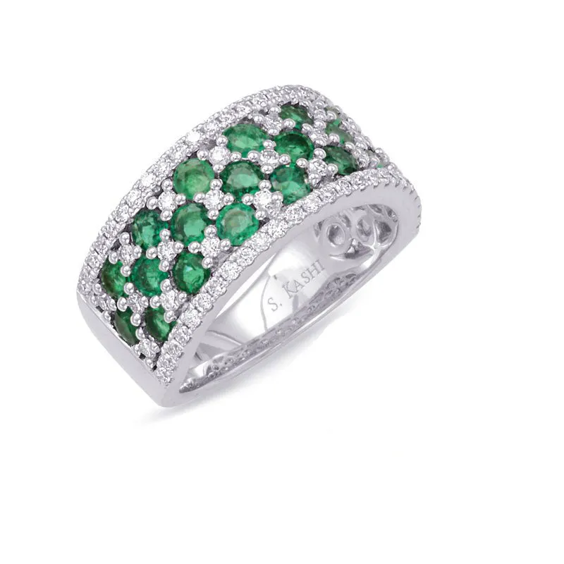 18K White Gold Emerald & Diamond Wide Right Hand Cocktail Ring