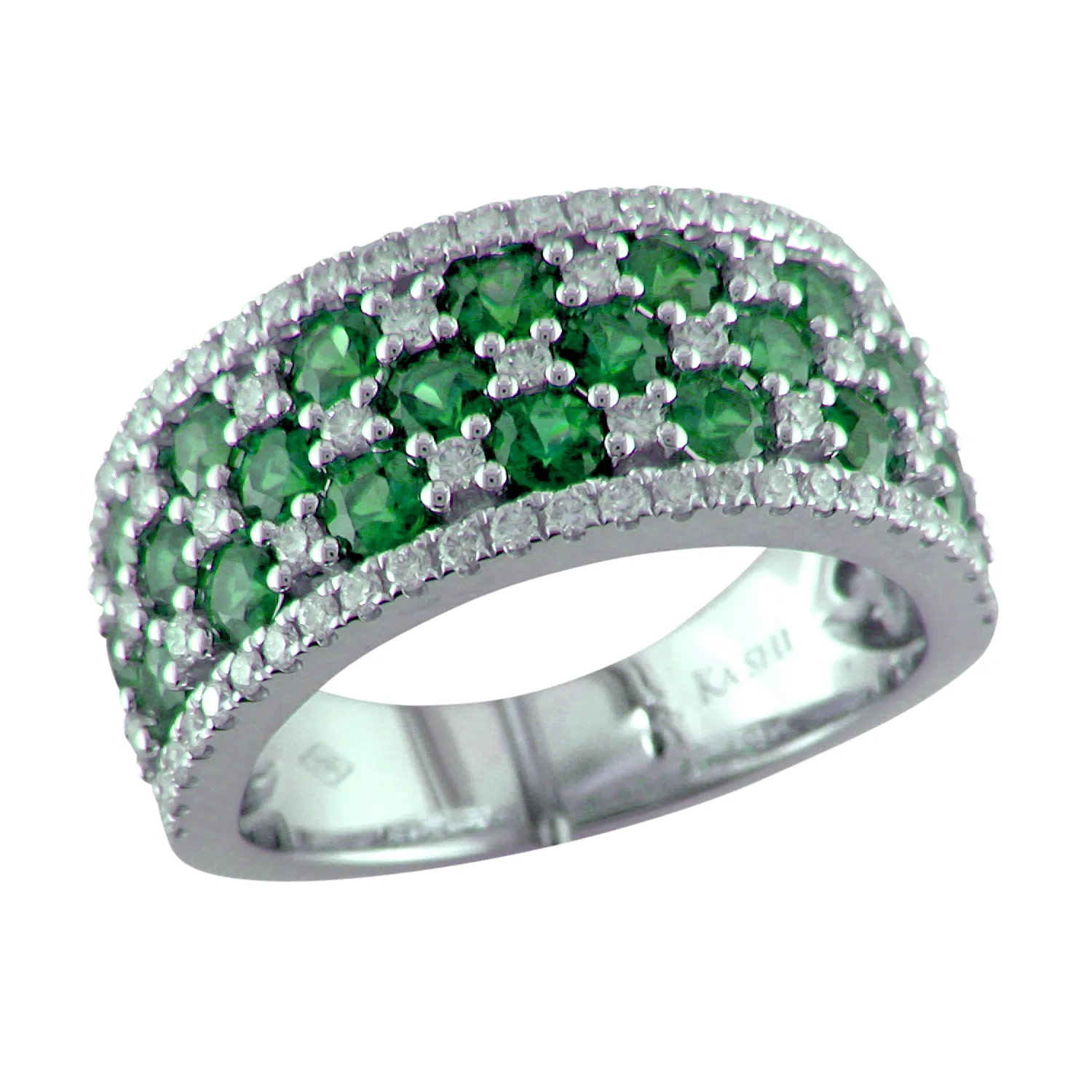 18K White Gold Emerald & Diamond Wide Right Hand Cocktail Ring