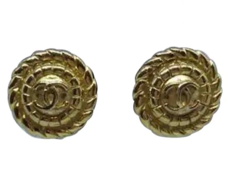 1989 Chanel Vintage Clip on Round Gold Metal CC logo Earrings