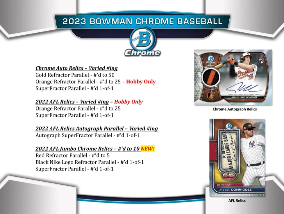 2023 Bowman Chrome Baseball Hobby Box 2 Mini Boxes Per Display, 6 Packs Per Mini Box, 5 Cards Per Pack