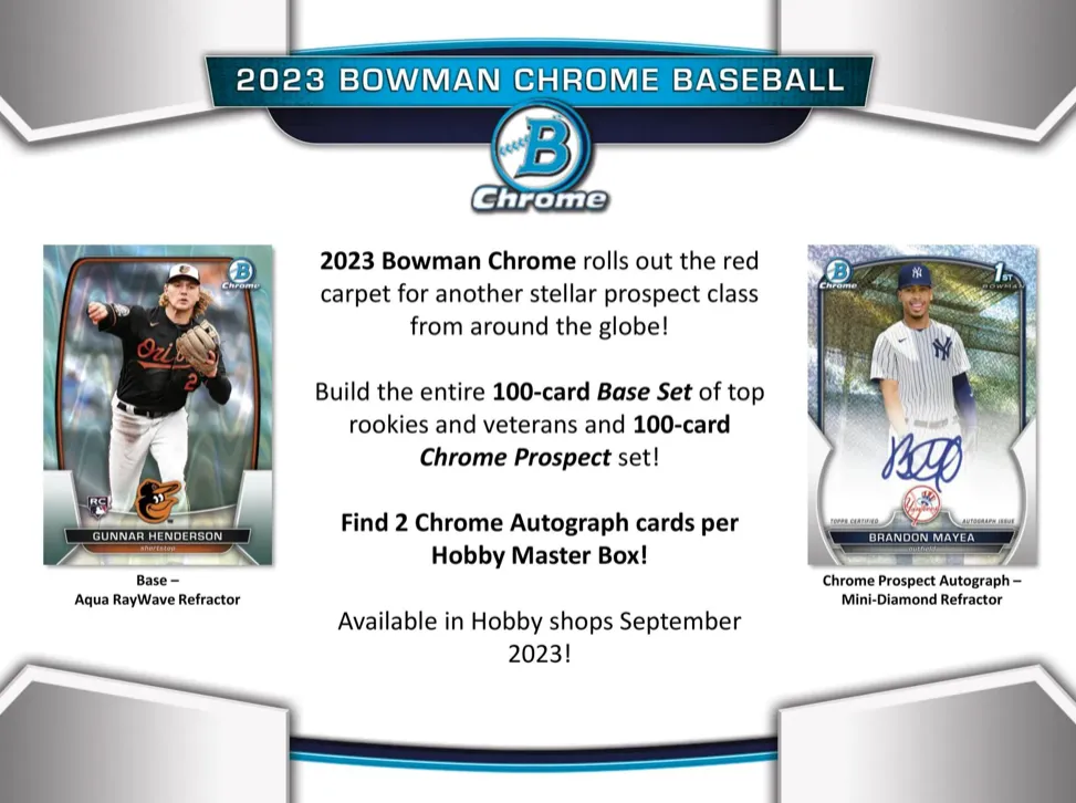 2023 Bowman Chrome Baseball Hobby Box 2 Mini Boxes Per Display, 6 Packs Per Mini Box, 5 Cards Per Pack