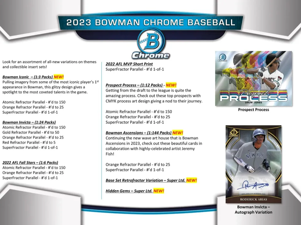 2023 Bowman Chrome Baseball Hobby Box 2 Mini Boxes Per Display, 6 Packs Per Mini Box, 5 Cards Per Pack