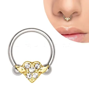 316L Stainless Steel Gold Plated Heart Snap-In Captive Bead Ring / Septum Ring