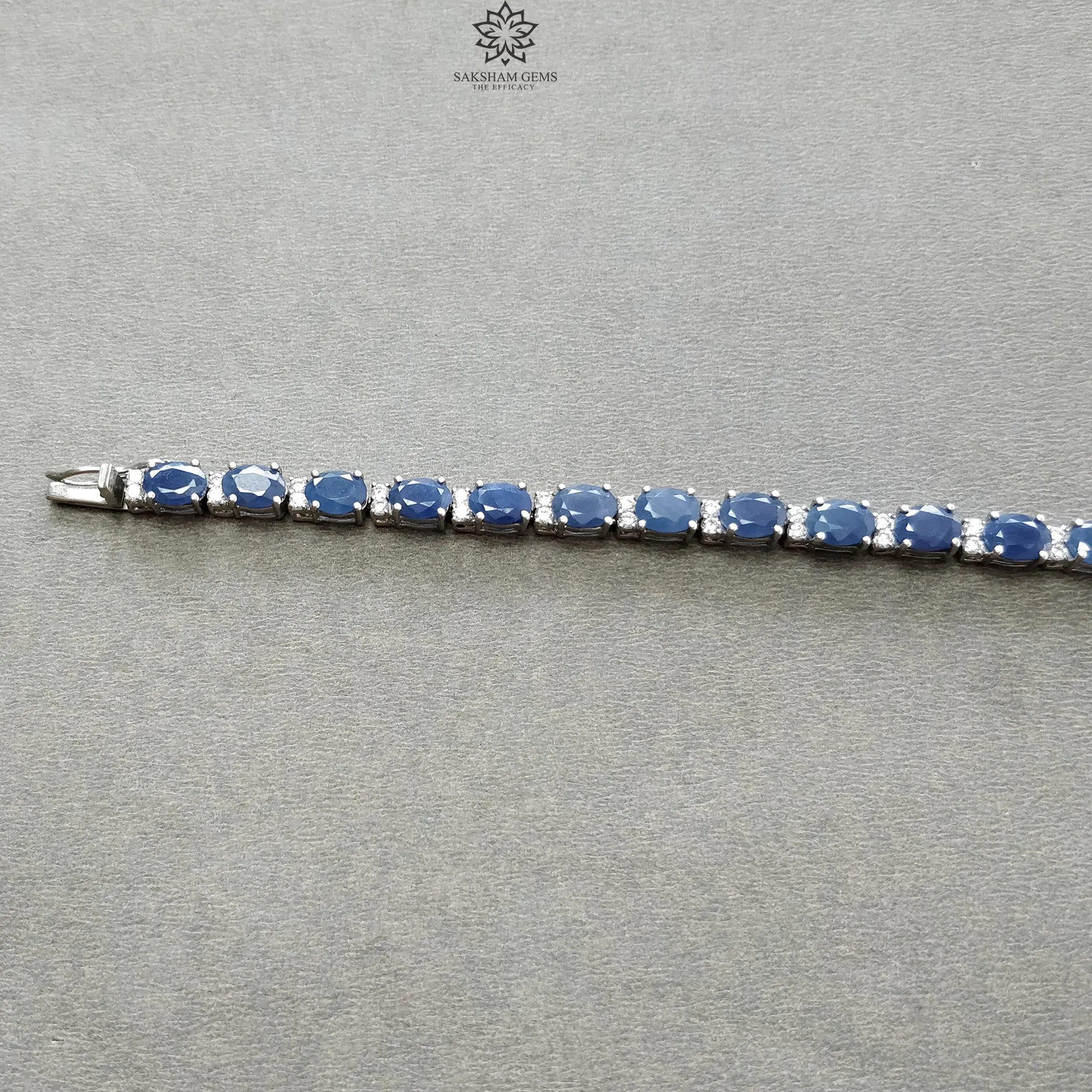 925 Sterling Silver Bracelet : 13.30gms Natural Blue Sapphire Gemstone With CZ Oval Normal Cut Prong Set Tennis Bracelet 7.5"