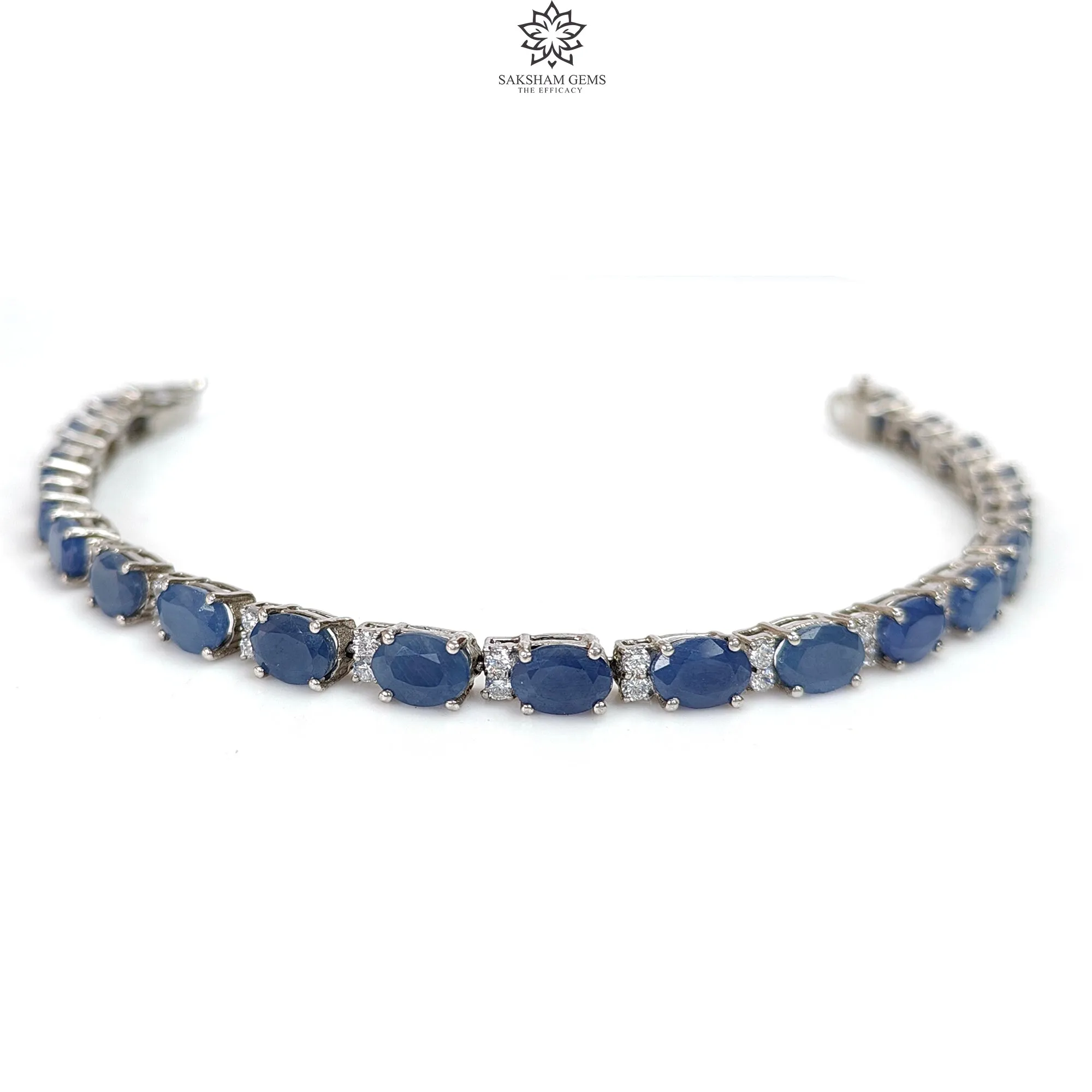 925 Sterling Silver Bracelet : 13.30gms Natural Blue Sapphire Gemstone With CZ Oval Normal Cut Prong Set Tennis Bracelet 7.5"