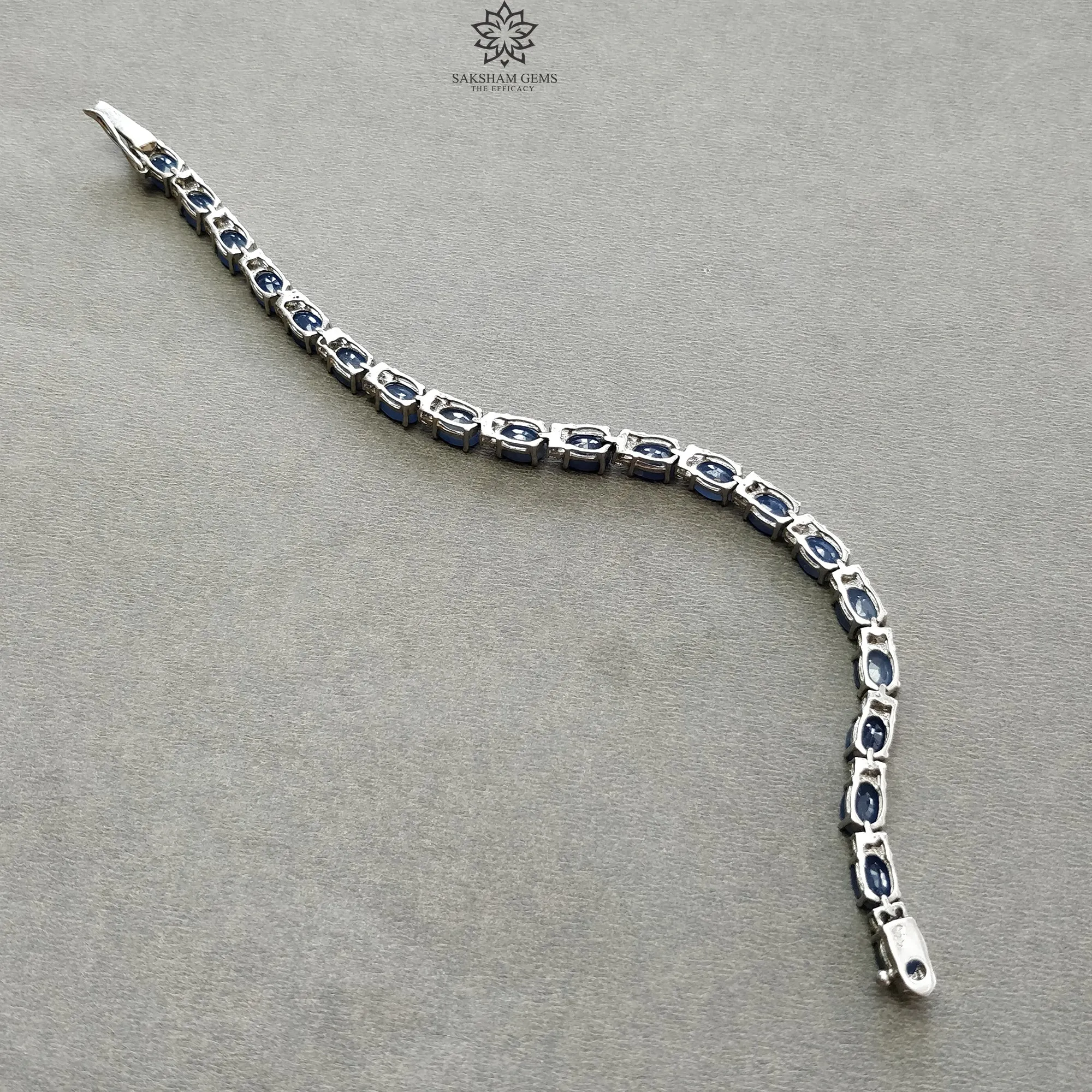 925 Sterling Silver Bracelet : 13.30gms Natural Blue Sapphire Gemstone With CZ Oval Normal Cut Prong Set Tennis Bracelet 7.5"