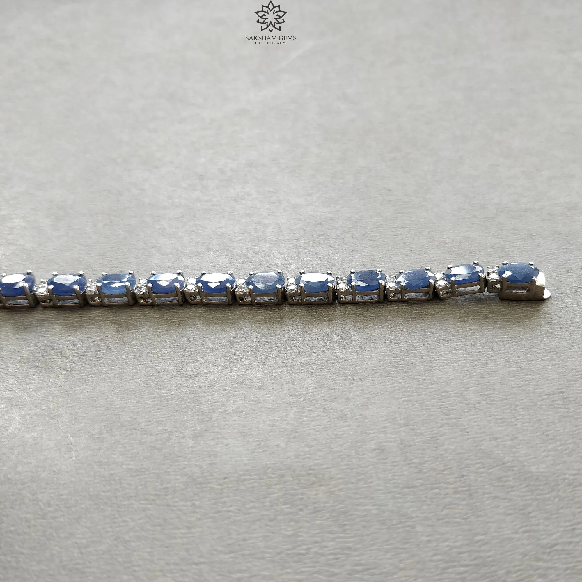 925 Sterling Silver Bracelet : 13.30gms Natural Blue Sapphire Gemstone With CZ Oval Normal Cut Prong Set Tennis Bracelet 7.5"