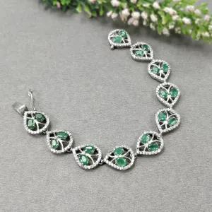 925 Sterling Silver Bracelet : 21.36gms Natural Untreated Green Emerald Gemstone With CZ Oval Prong Set Tennis Bracelet 7.5"