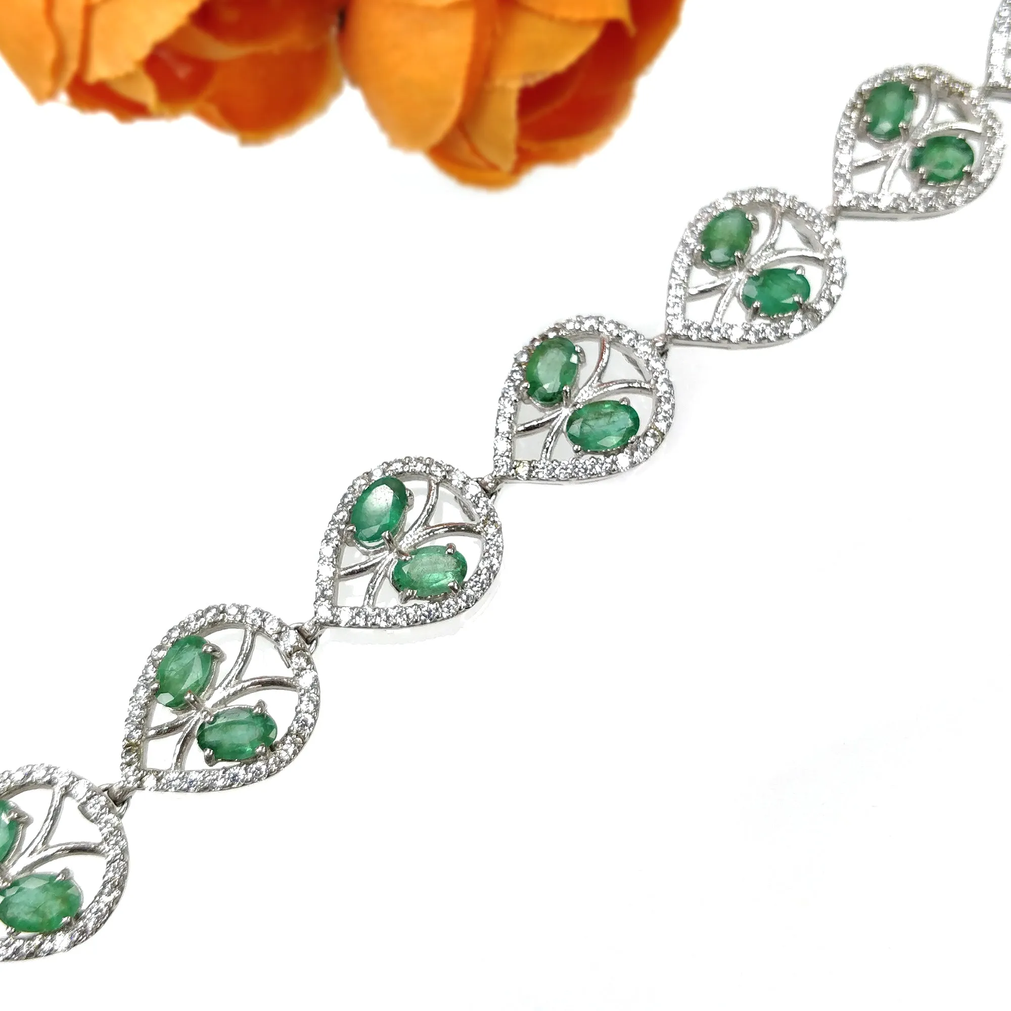 925 Sterling Silver Bracelet : 21.36gms Natural Untreated Green Emerald Gemstone With CZ Oval Prong Set Tennis Bracelet 7.5"