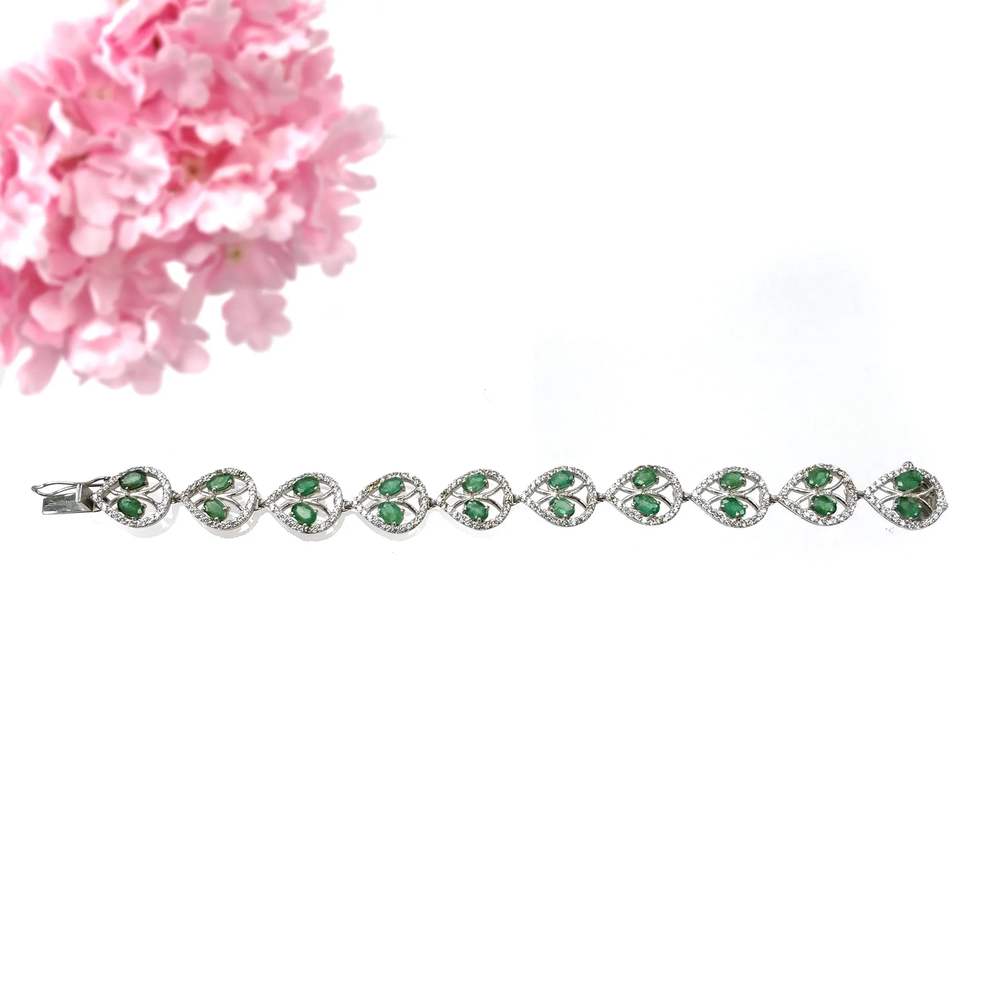 925 Sterling Silver Bracelet : 21.36gms Natural Untreated Green Emerald Gemstone With CZ Oval Prong Set Tennis Bracelet 7.5"