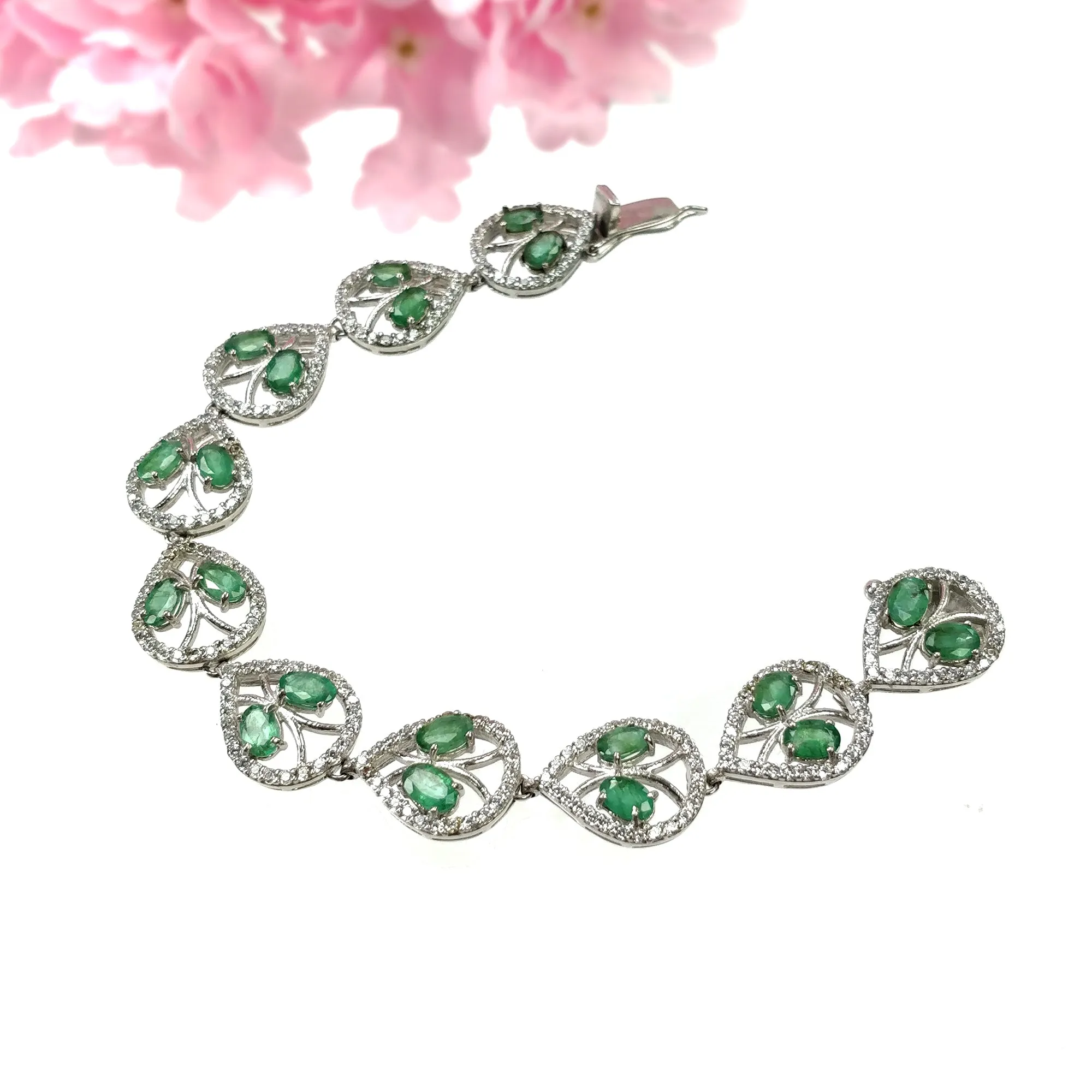 925 Sterling Silver Bracelet : 21.36gms Natural Untreated Green Emerald Gemstone With CZ Oval Prong Set Tennis Bracelet 7.5"