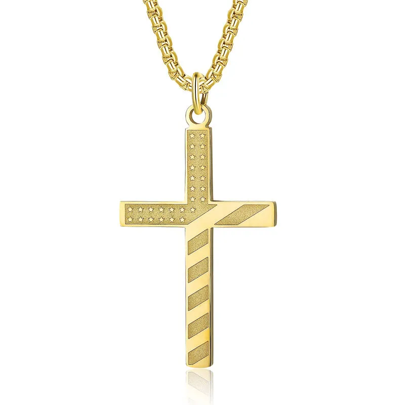 American Flag Cross Necklace for Men Patriotic Jewelry Stainless Steel Chain Religious Gift for Dad Boys