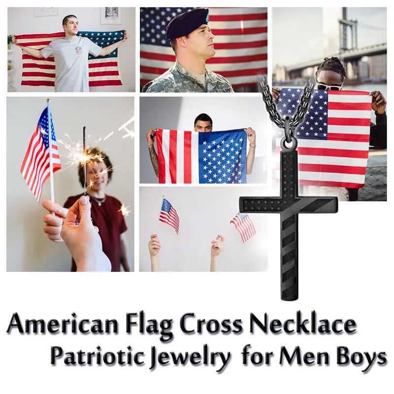 American Flag Cross Necklace for Men Patriotic Jewelry Stainless Steel Chain Religious Gift for Dad Boys