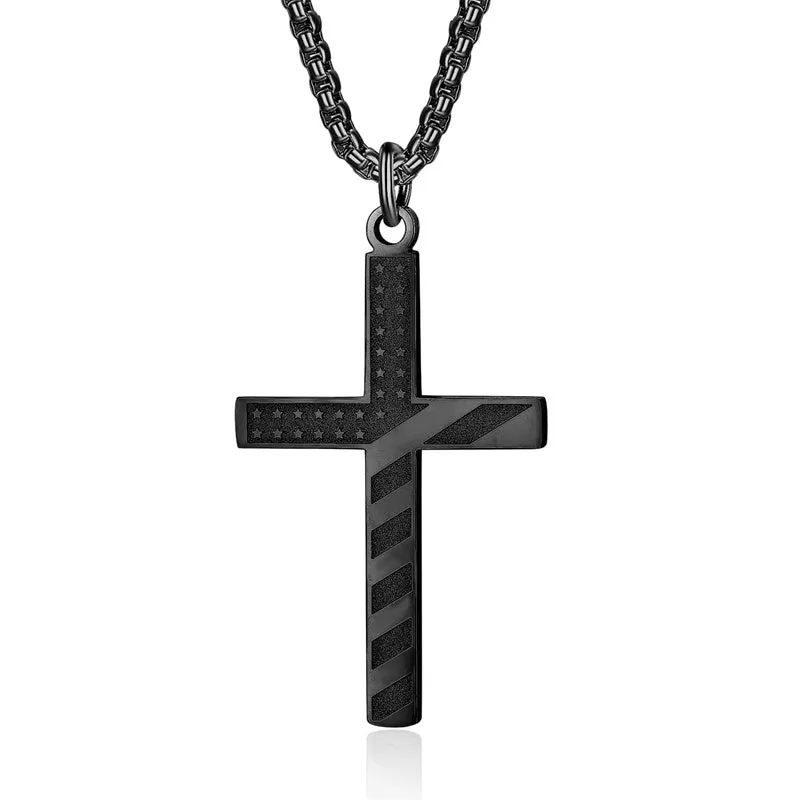 American Flag Cross Necklace for Men Patriotic Jewelry Stainless Steel Chain Religious Gift for Dad Boys