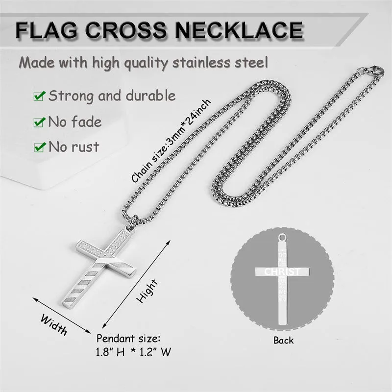 American Flag Cross Necklace for Men Patriotic Jewelry Stainless Steel Chain Religious Gift for Dad Boys