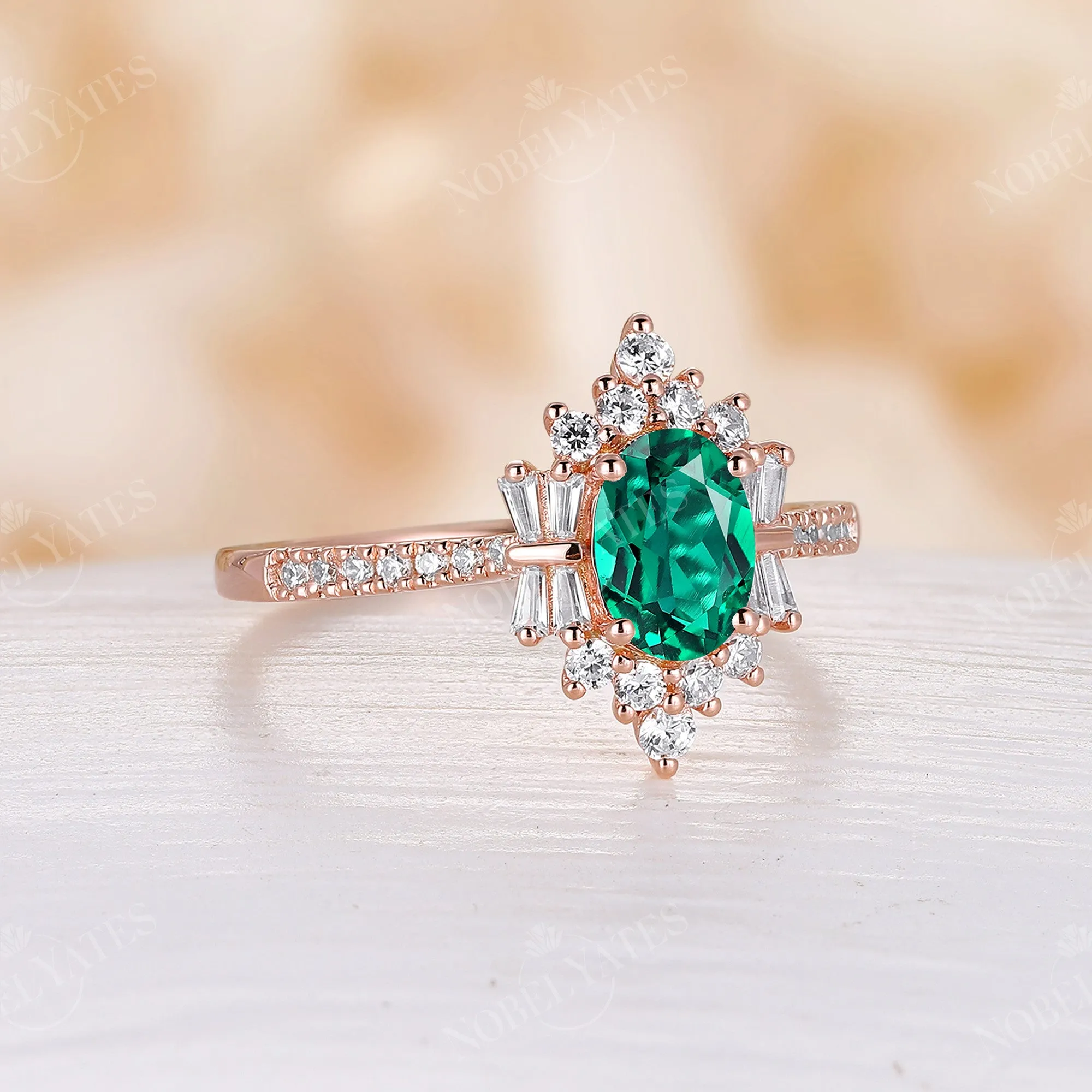 Art Deco Oval Lab Emerald Pave & Cluster Engagement Ring Rose Gold