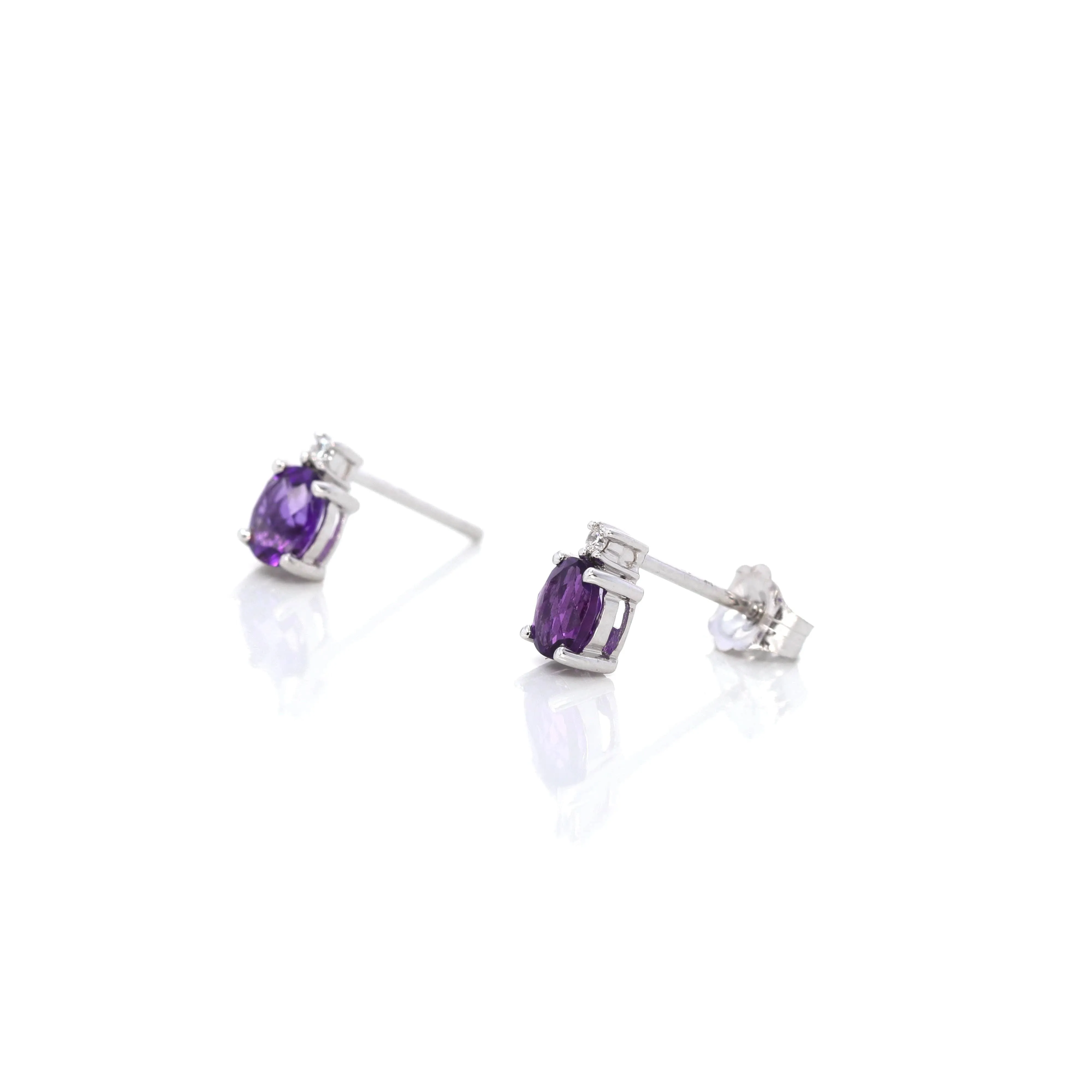 Baikalla 14k Classic White Gold Natural Oval Royal Amethyst Earrings w/Diamond