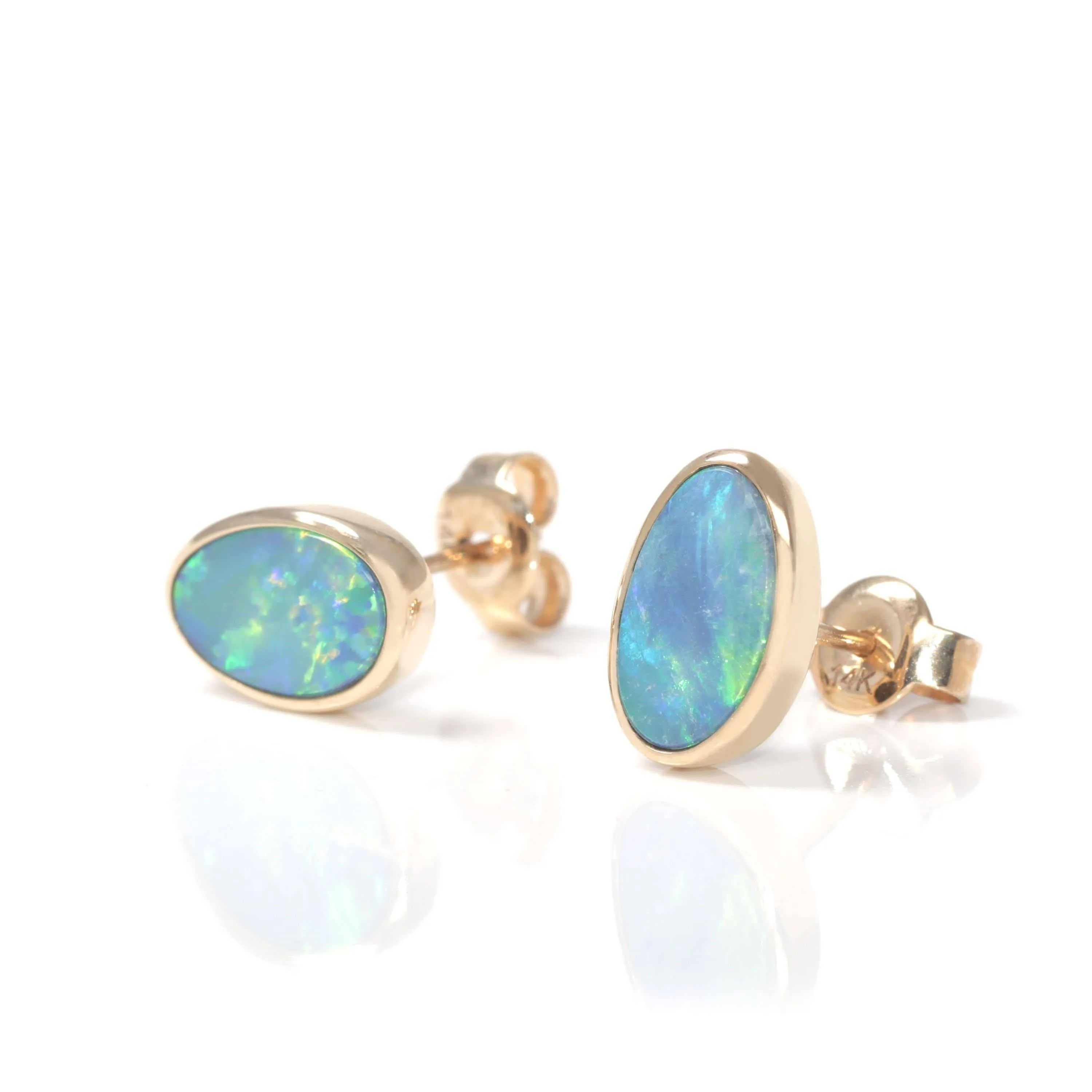 Baikalla? 14k Yellow Gold Natural Freeform Australian Blue Opal Bezel Set Earrings