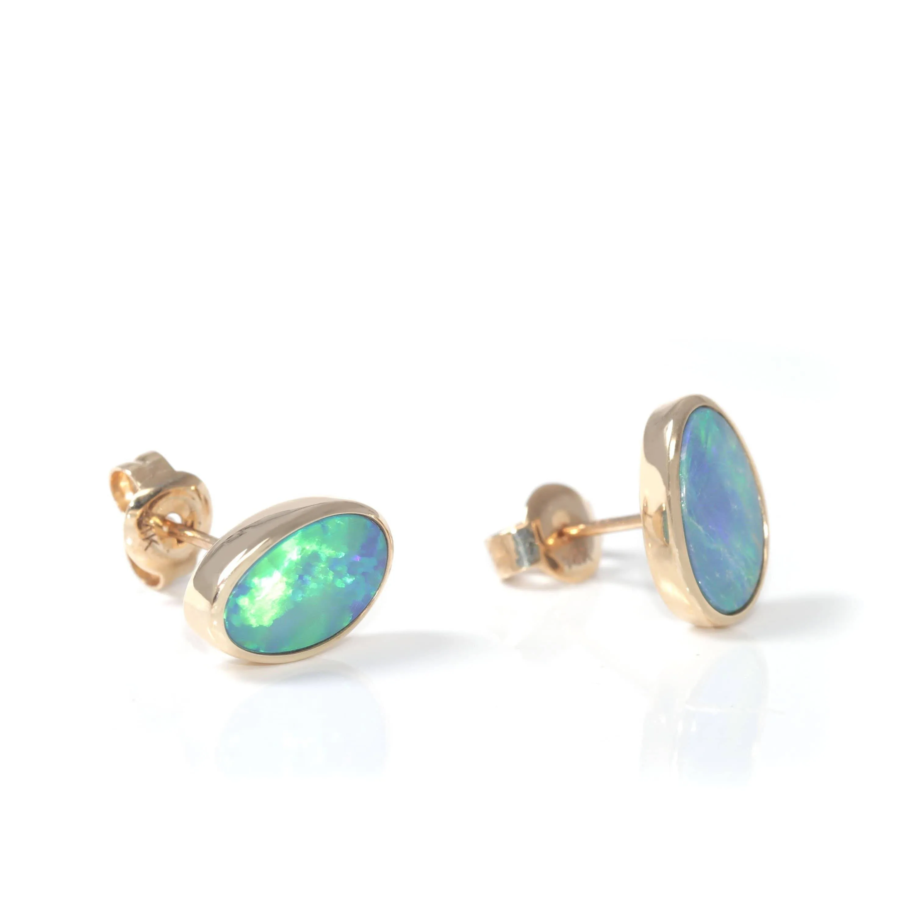 Baikalla? 14k Yellow Gold Natural Freeform Australian Blue Opal Bezel Set Earrings