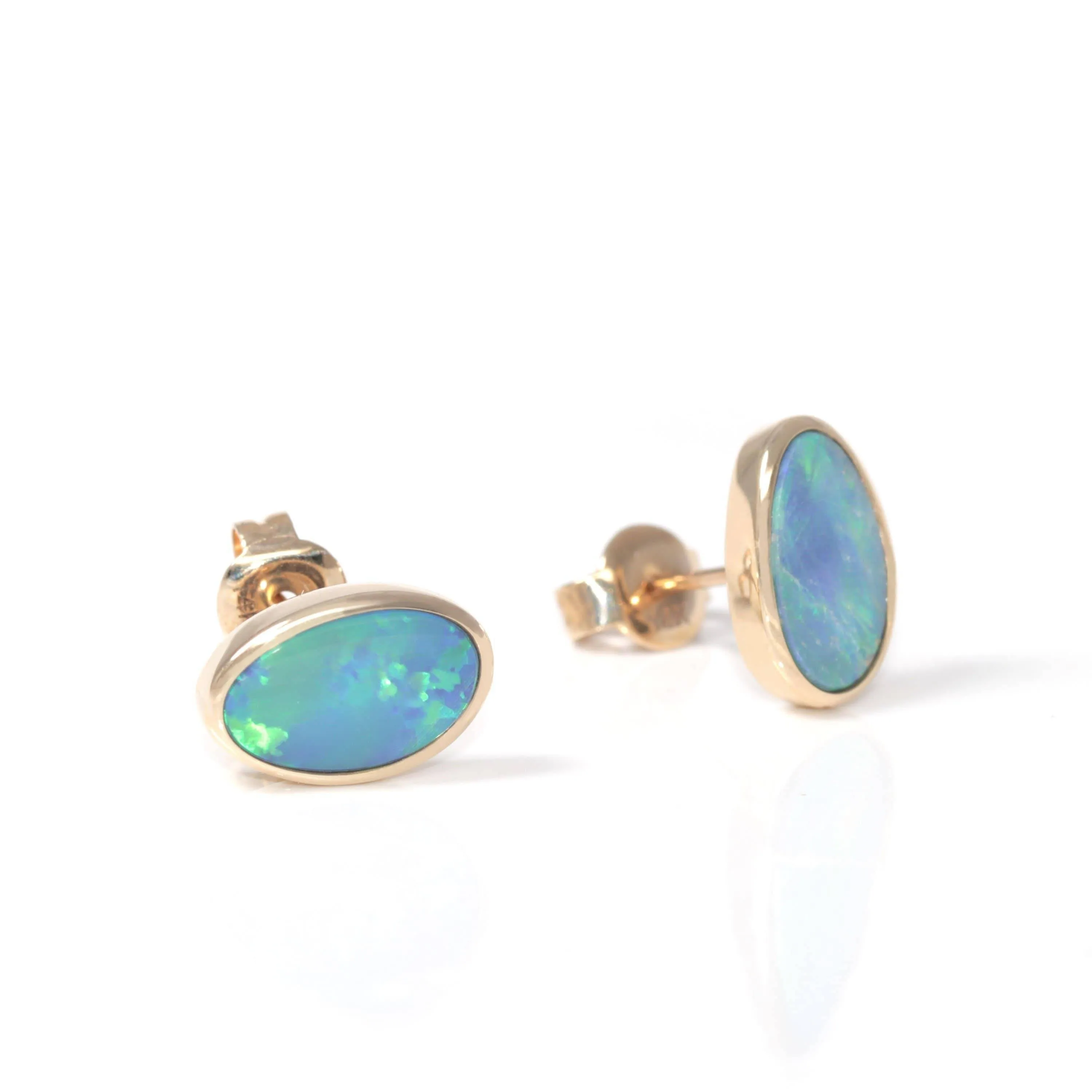 Baikalla? 14k Yellow Gold Natural Freeform Australian Blue Opal Bezel Set Earrings