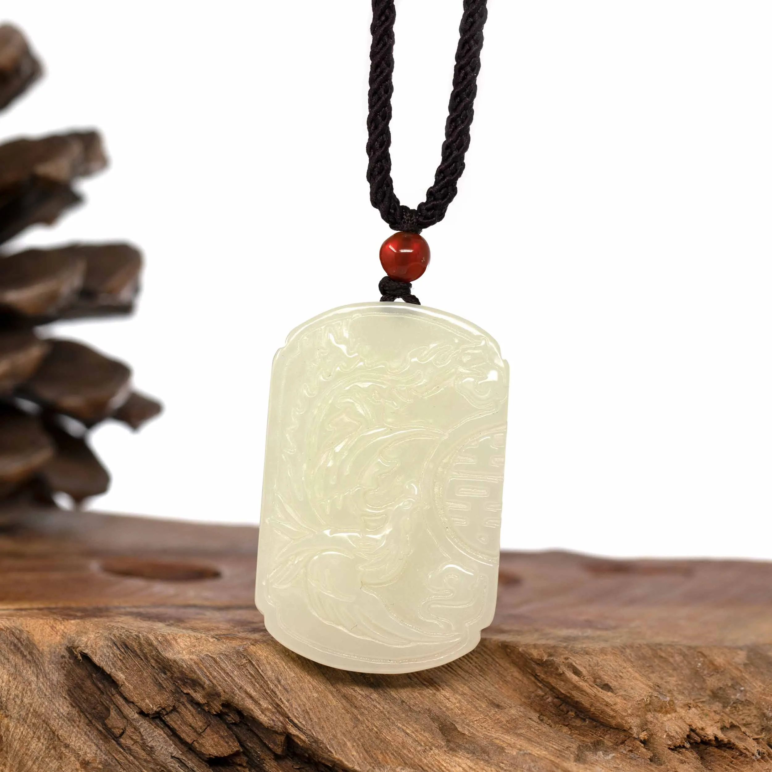 Baikalla? "Dragon & Phoenix" Genuine HeTian White Nephrite Jade Pendant Necklace