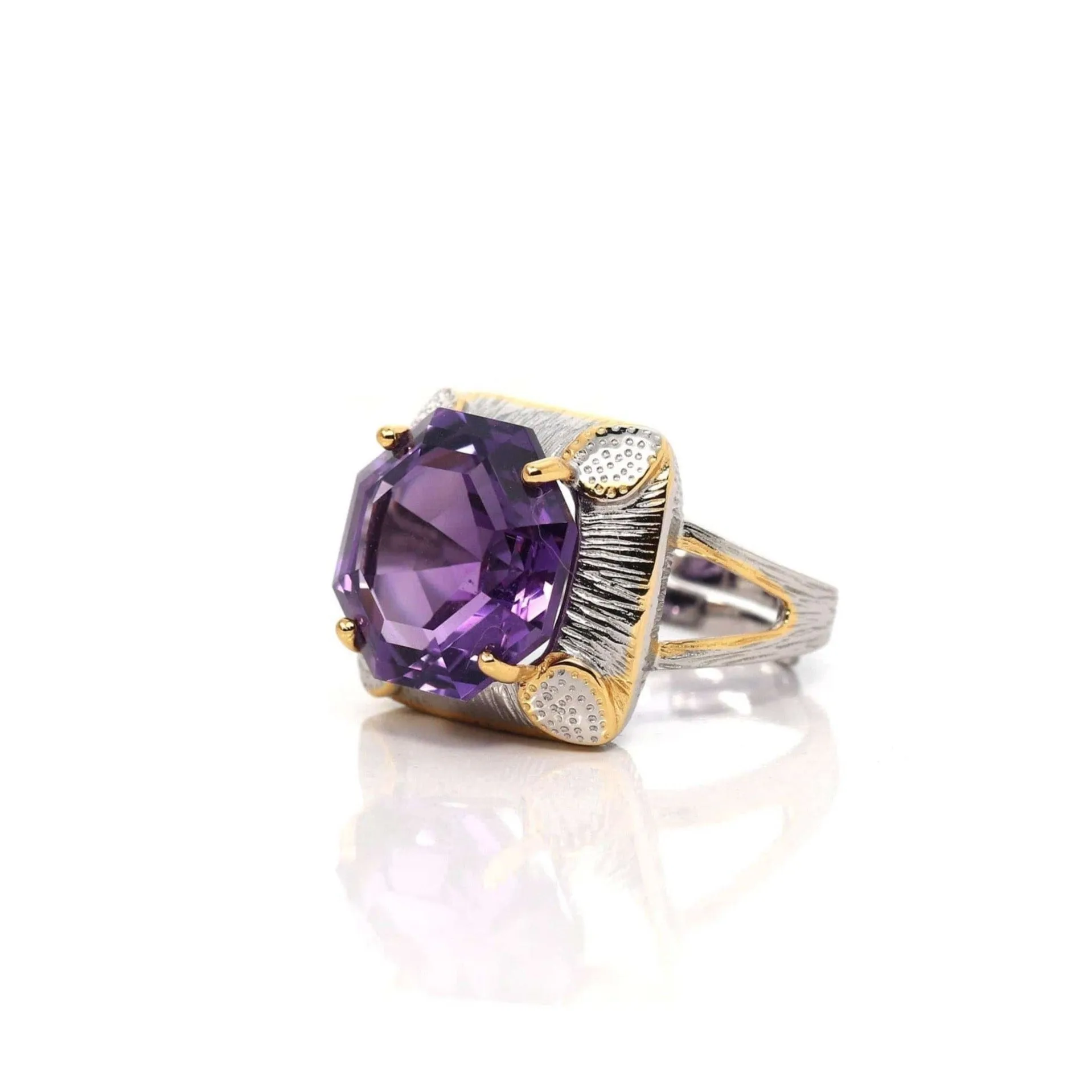 Baikalla Sterling Silver Gold Plated Two Tone Adjustable Amethyst Ring