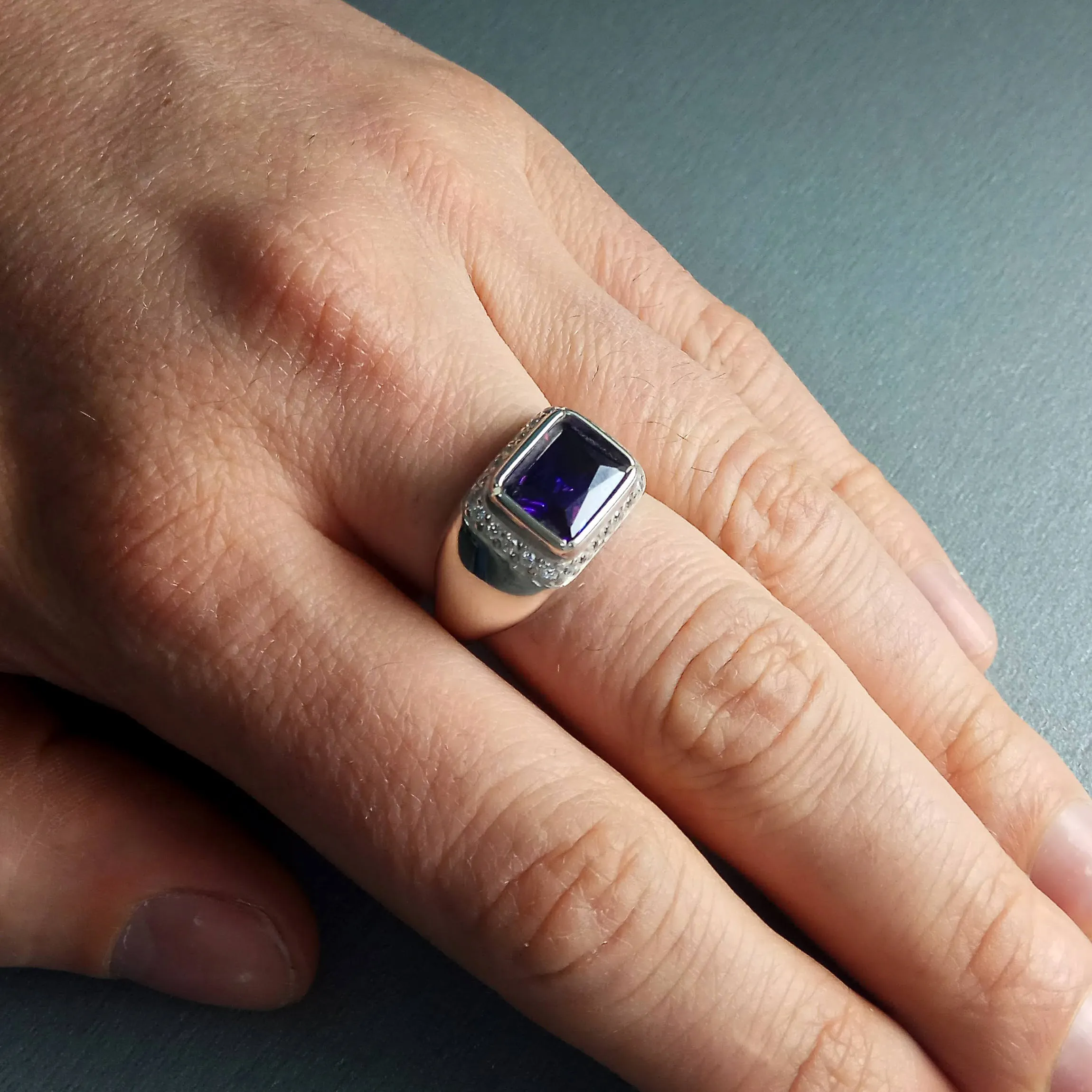 Big Octagon Amethyst Zircon Men's Ring Silver 925