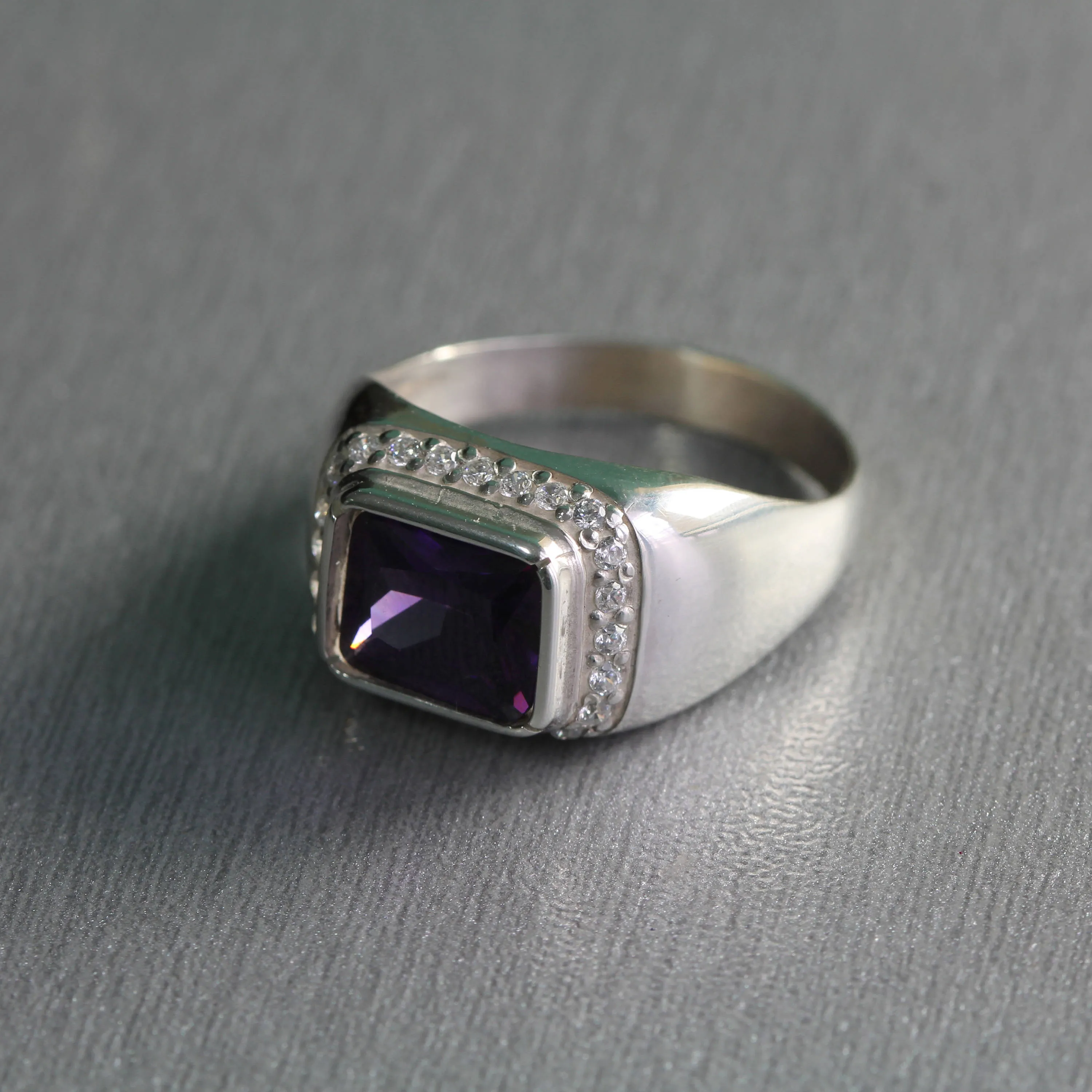 Big Octagon Amethyst Zircon Men's Ring Silver 925