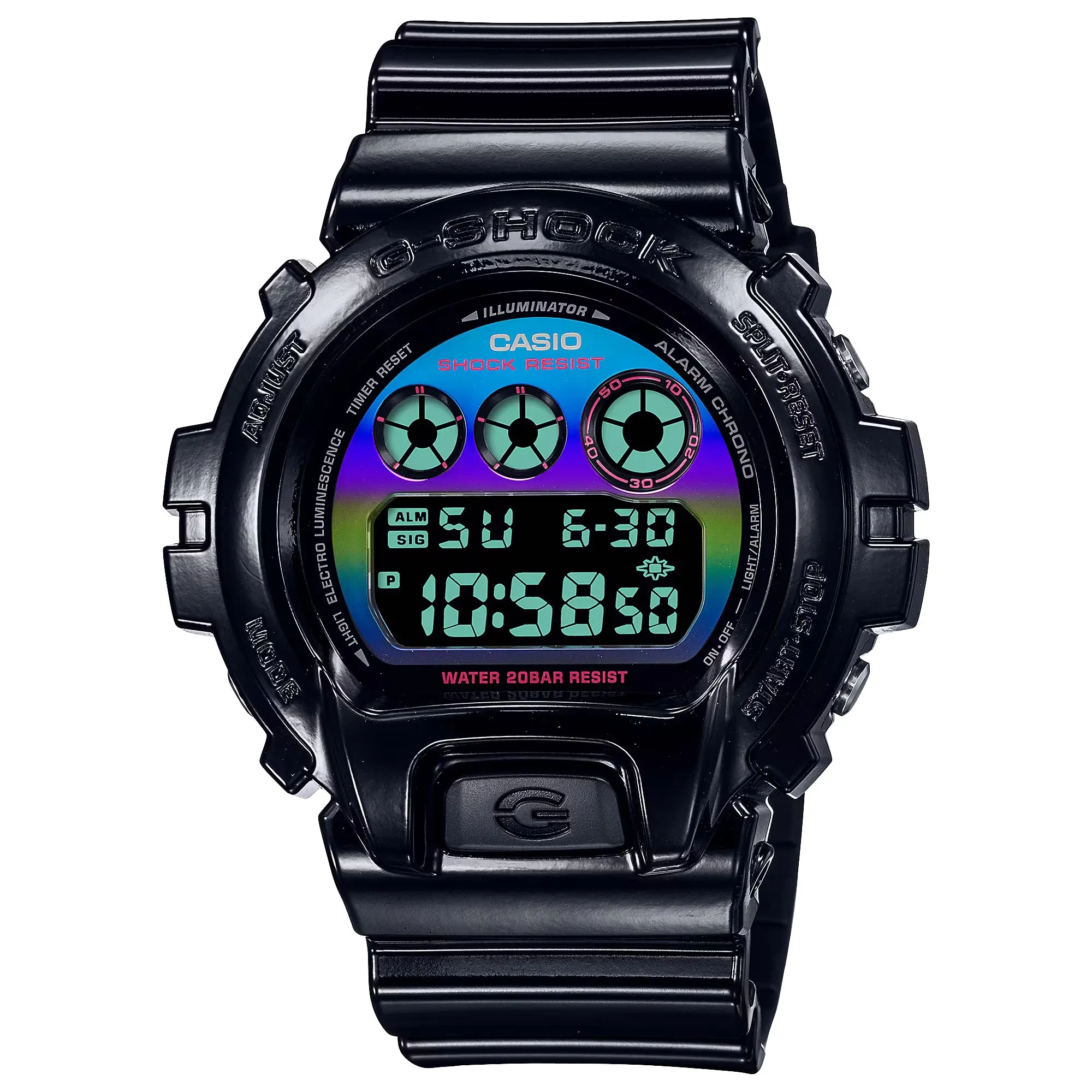 Casio G-Shock DW6900RGB-1 Glossy Black Digital Watch with Rainbow Detail for Gamers