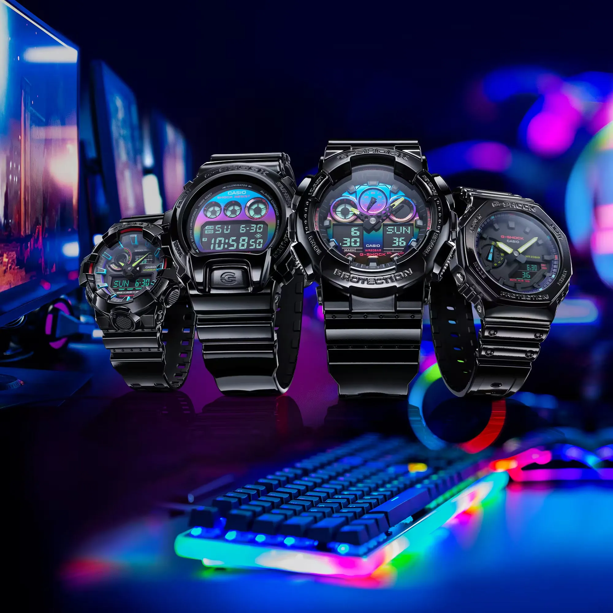 Casio G-Shock DW6900RGB-1 Glossy Black Digital Watch with Rainbow Detail for Gamers