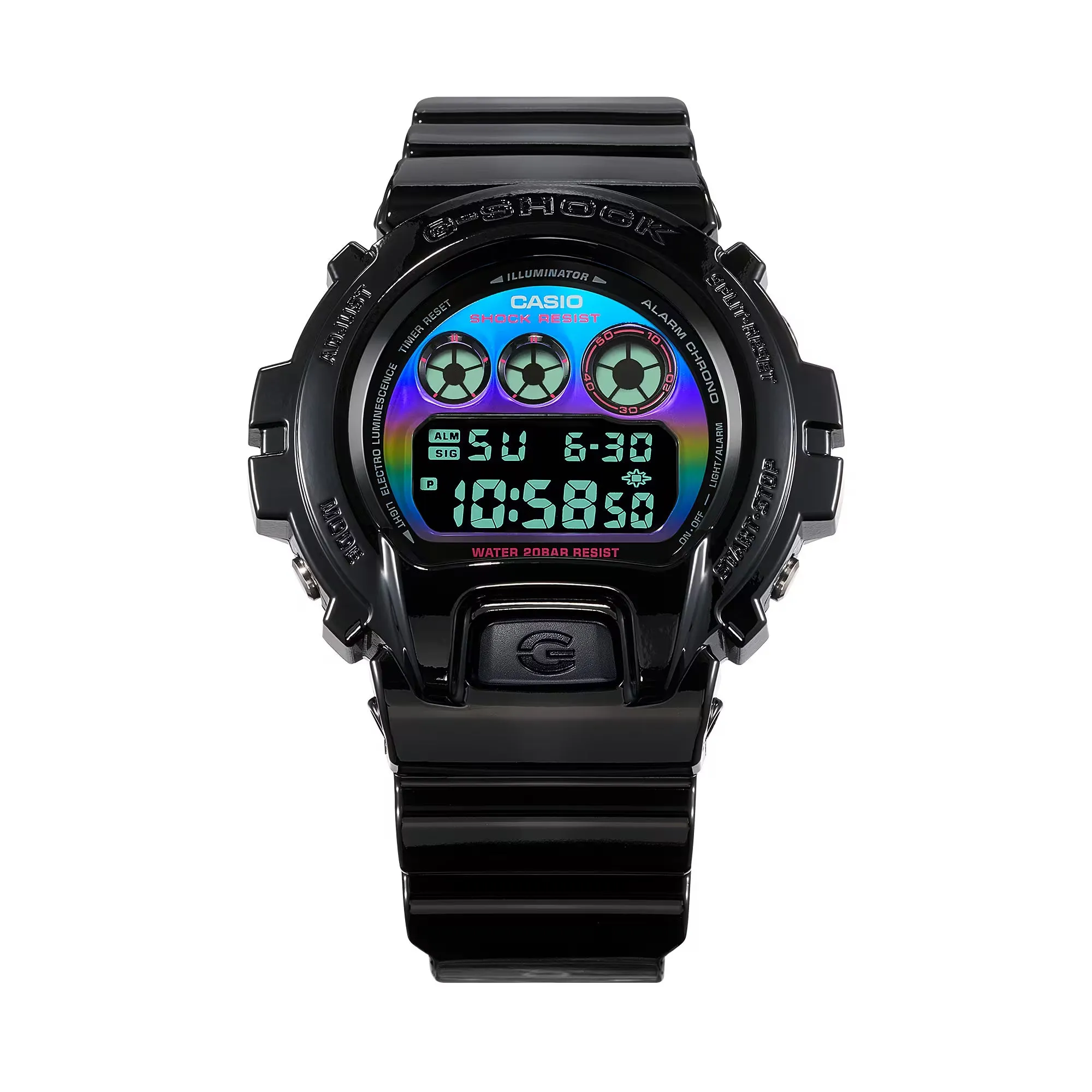 Casio G-Shock DW6900RGB-1 Glossy Black Digital Watch with Rainbow Detail for Gamers