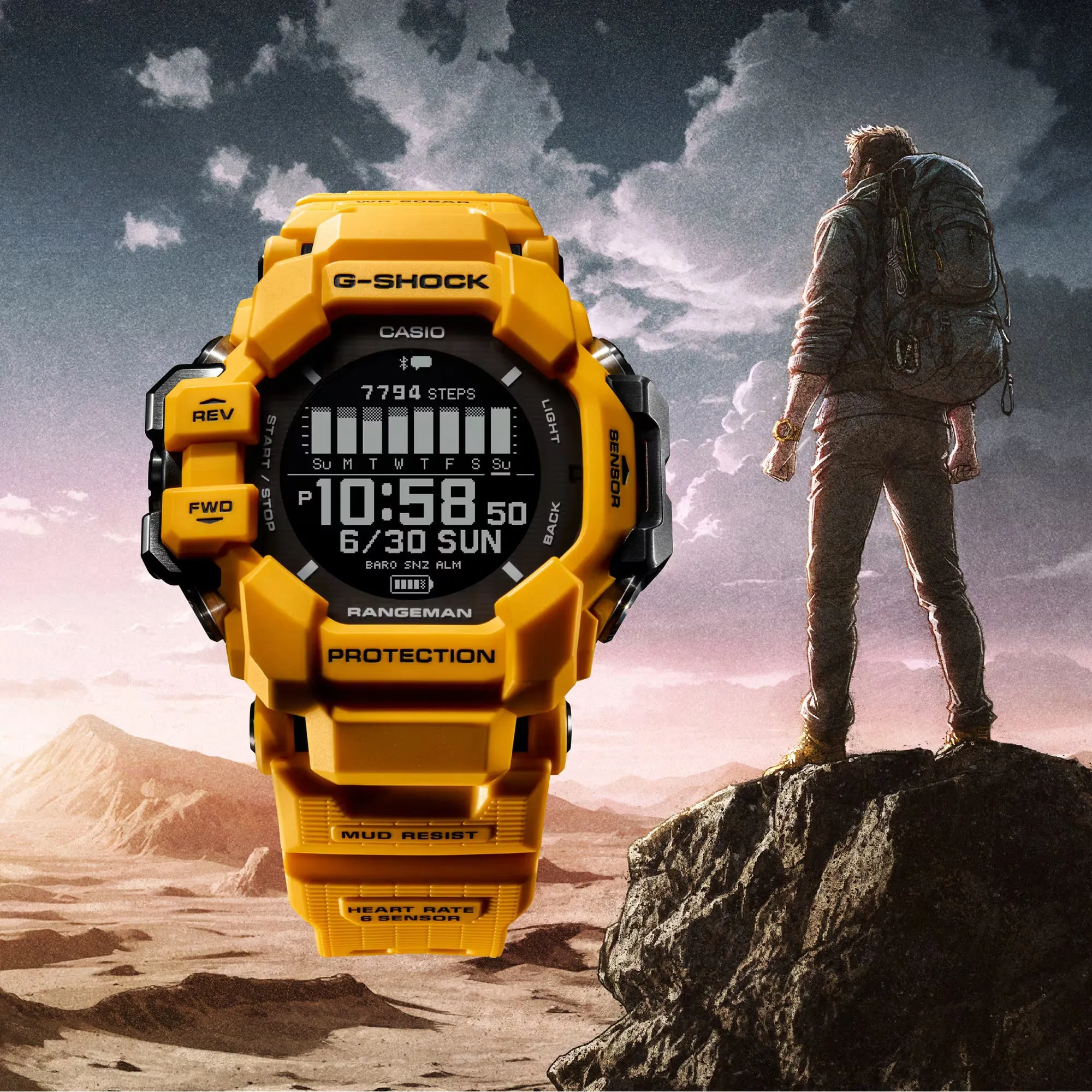 **Casio G-Shock GPS Rangeman Heart Rate Solar Watch - Model GPR-H1000-9 (Vibrant Yellow Edition)**