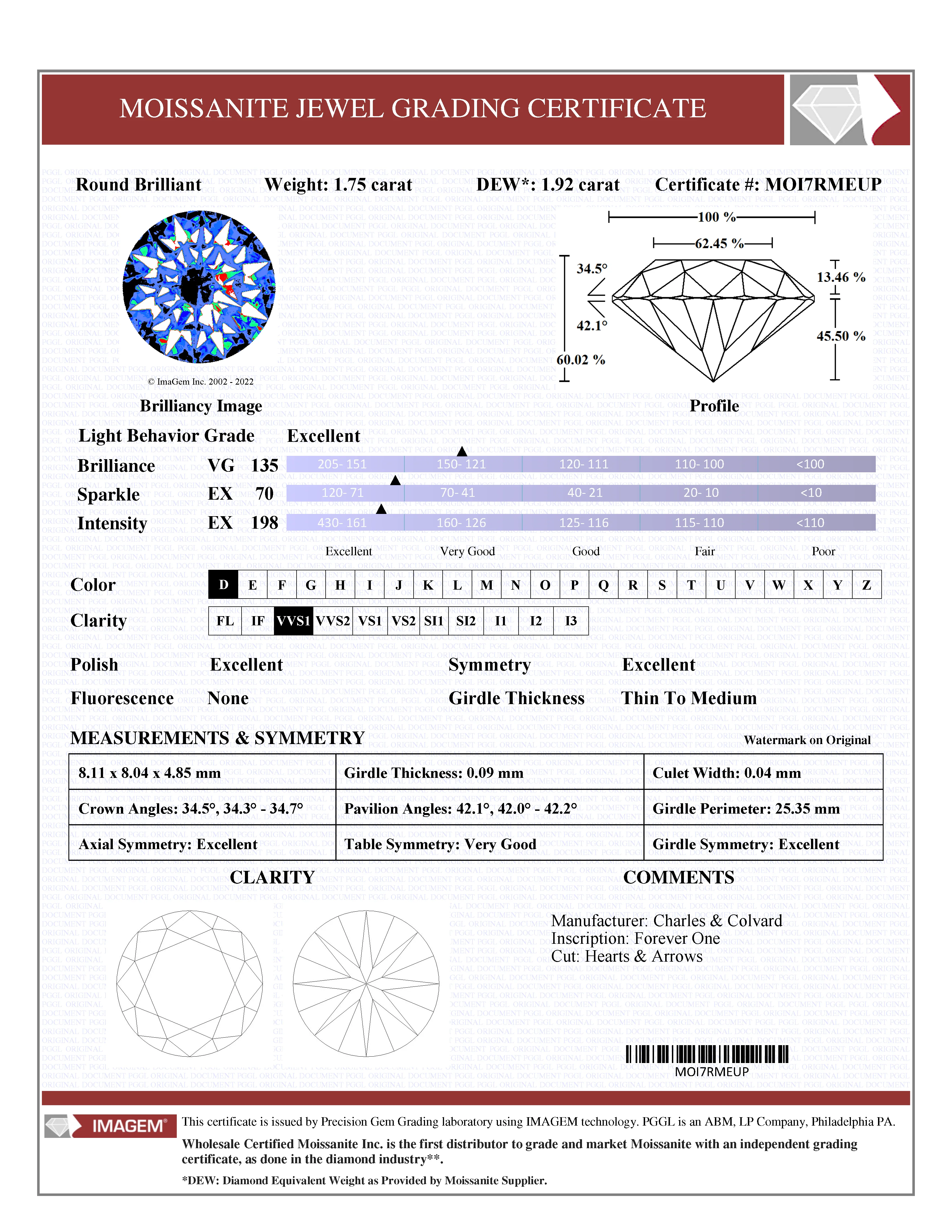 Certified Round Hearts & Arrows Forever One Charles & Colvard Loose Moissanite Stone - 2.00 Carats - D Color - VVS1 Clarity