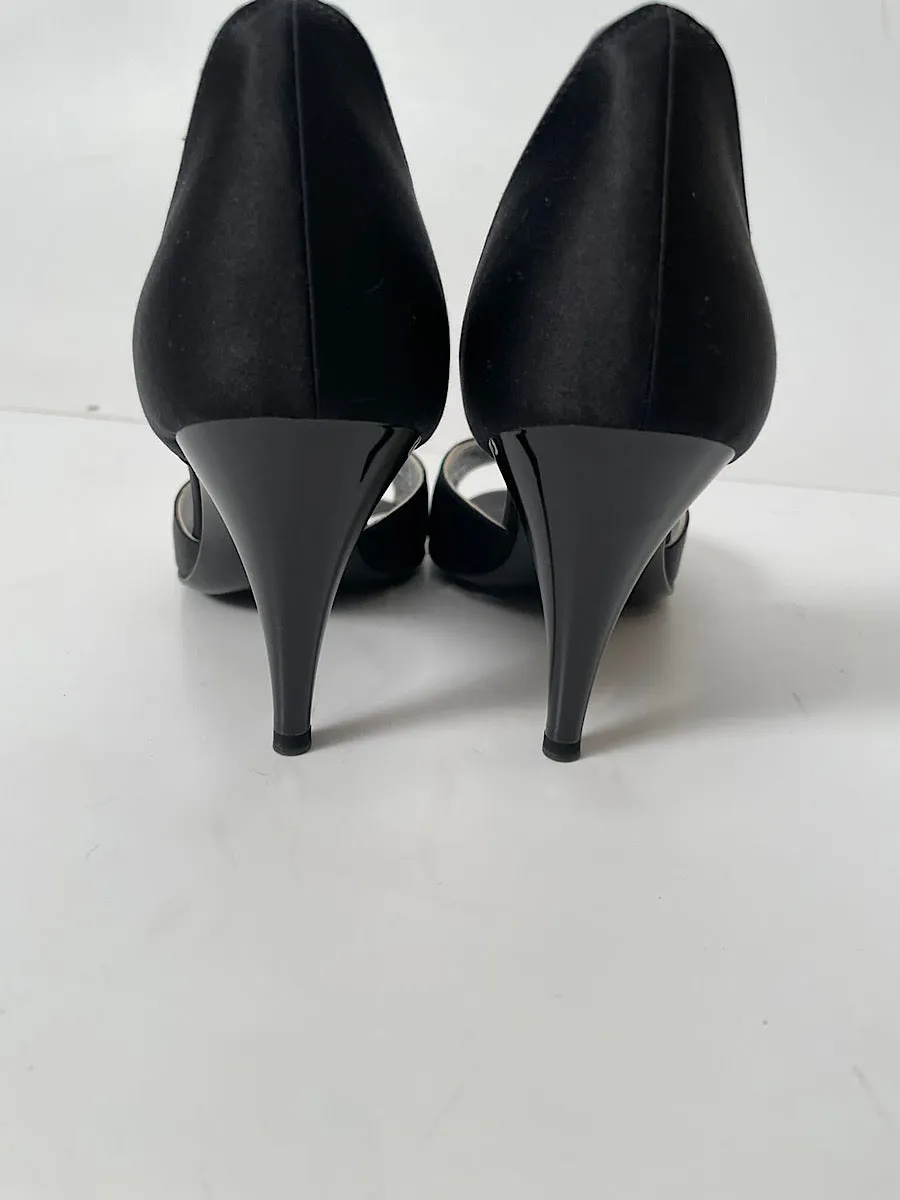 Chanel 2005 black peep toe silk Pearl Strap Heels EU 37 US 6.5/7