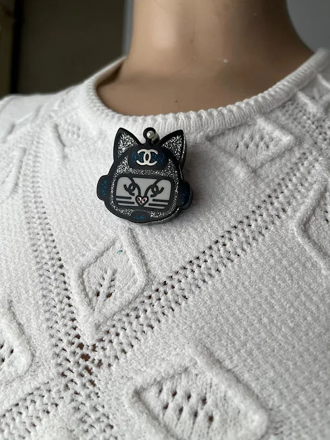 Chanel 2017 17S Resin Emoji Robot Cat Brooch Silver Blue Pin