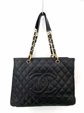 CHANEL Black Gold Caviar Leather Pre Loved AS IS Quilted Tote Purse