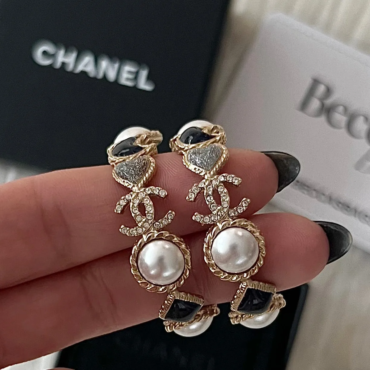 Chanel Faux Pearl & Enamel Moon Heart CC Hoop Earrings