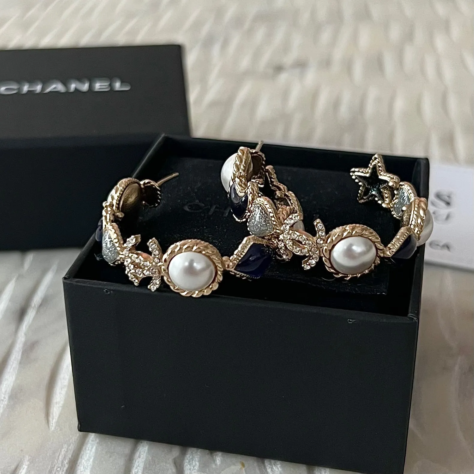 Chanel Faux Pearl & Enamel Moon Heart CC Hoop Earrings