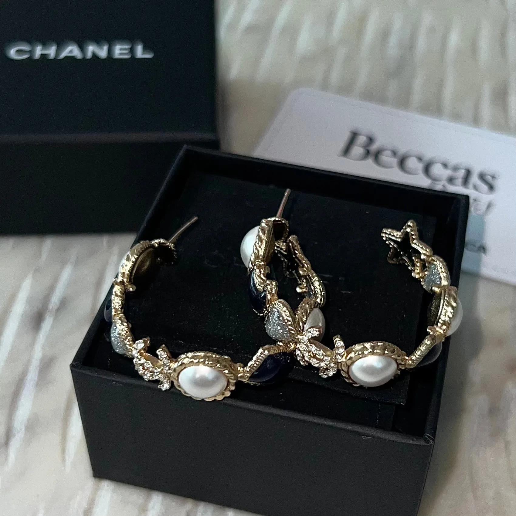 Chanel Faux Pearl & Enamel Moon Heart CC Hoop Earrings